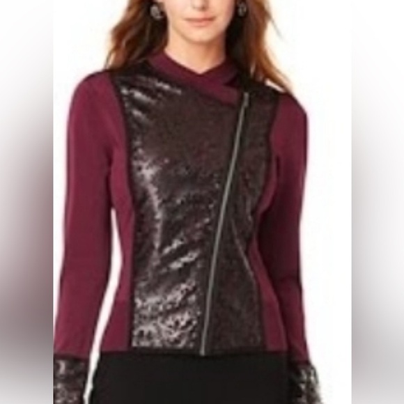 Naeem Khan 1X heavy warm maroon sweater/moto jacket w/ cutout faux leather - Picture 3 of 12